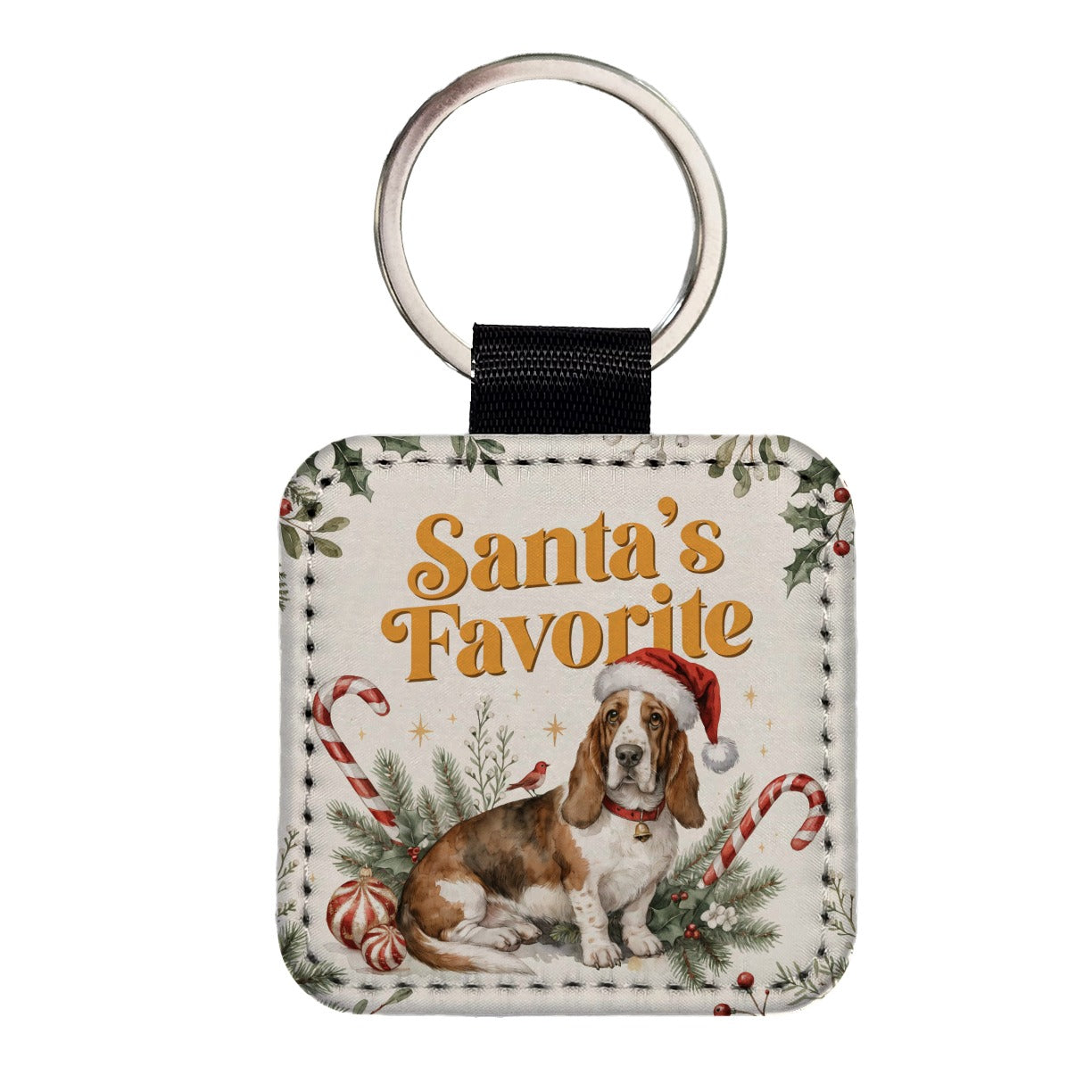 Basset Hound Dog Christmas Santa's Favorite Square Faux Leather Keychain