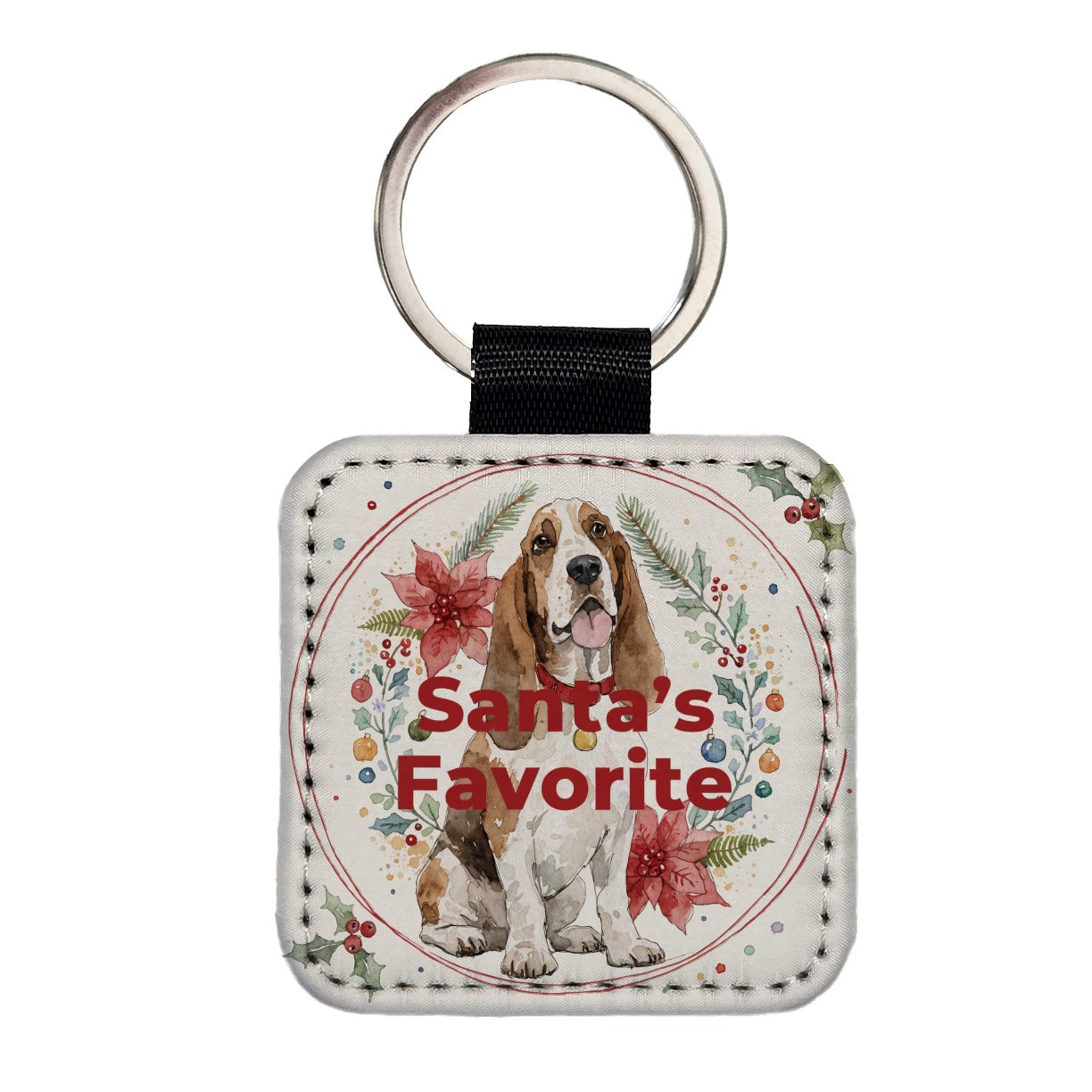 Basset Hound Dog Sitting Christmas Santa's Favorite Square Faux Leather Keychain