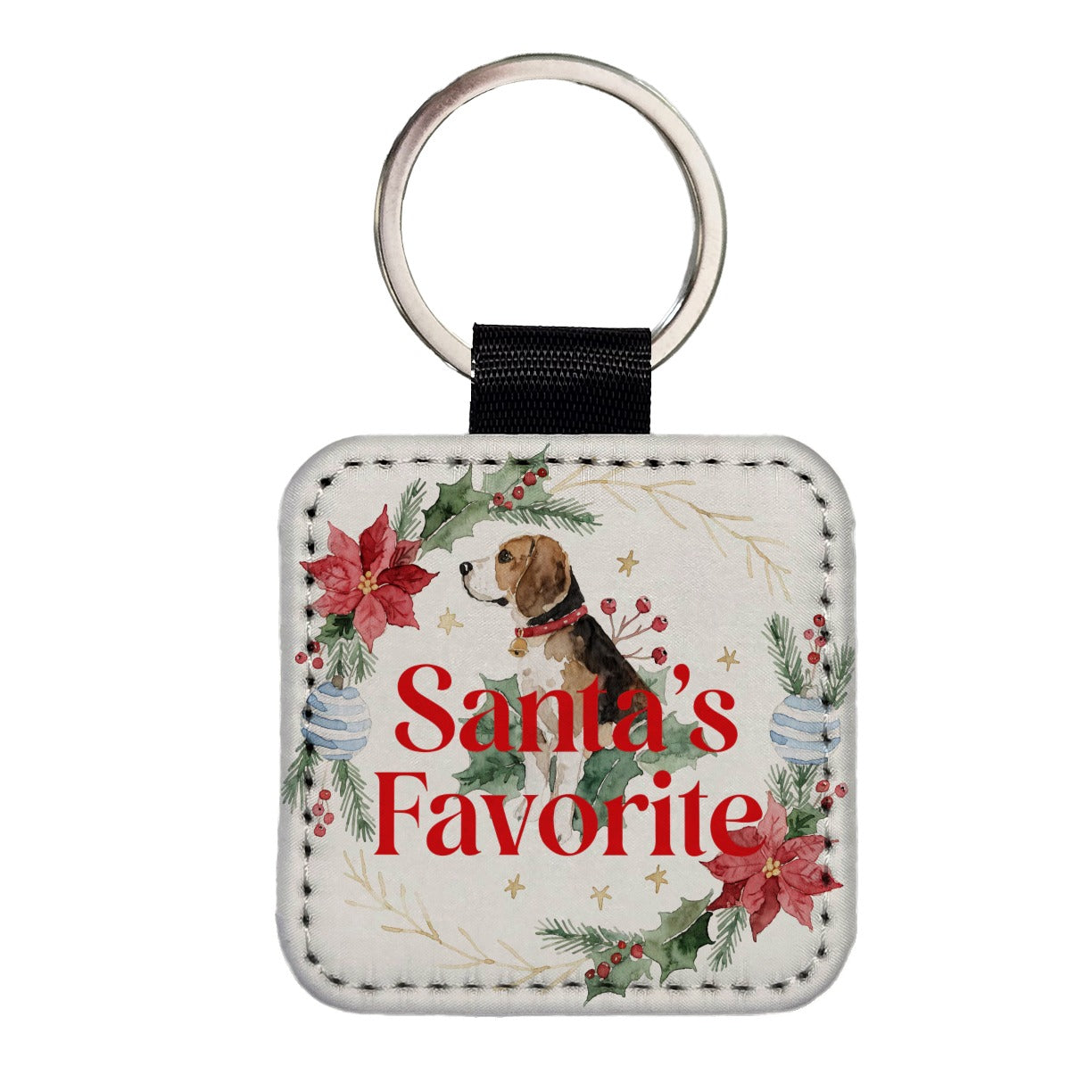 Beagle Dog Christmas Santa's Favorite Square Faux Leather Keychain