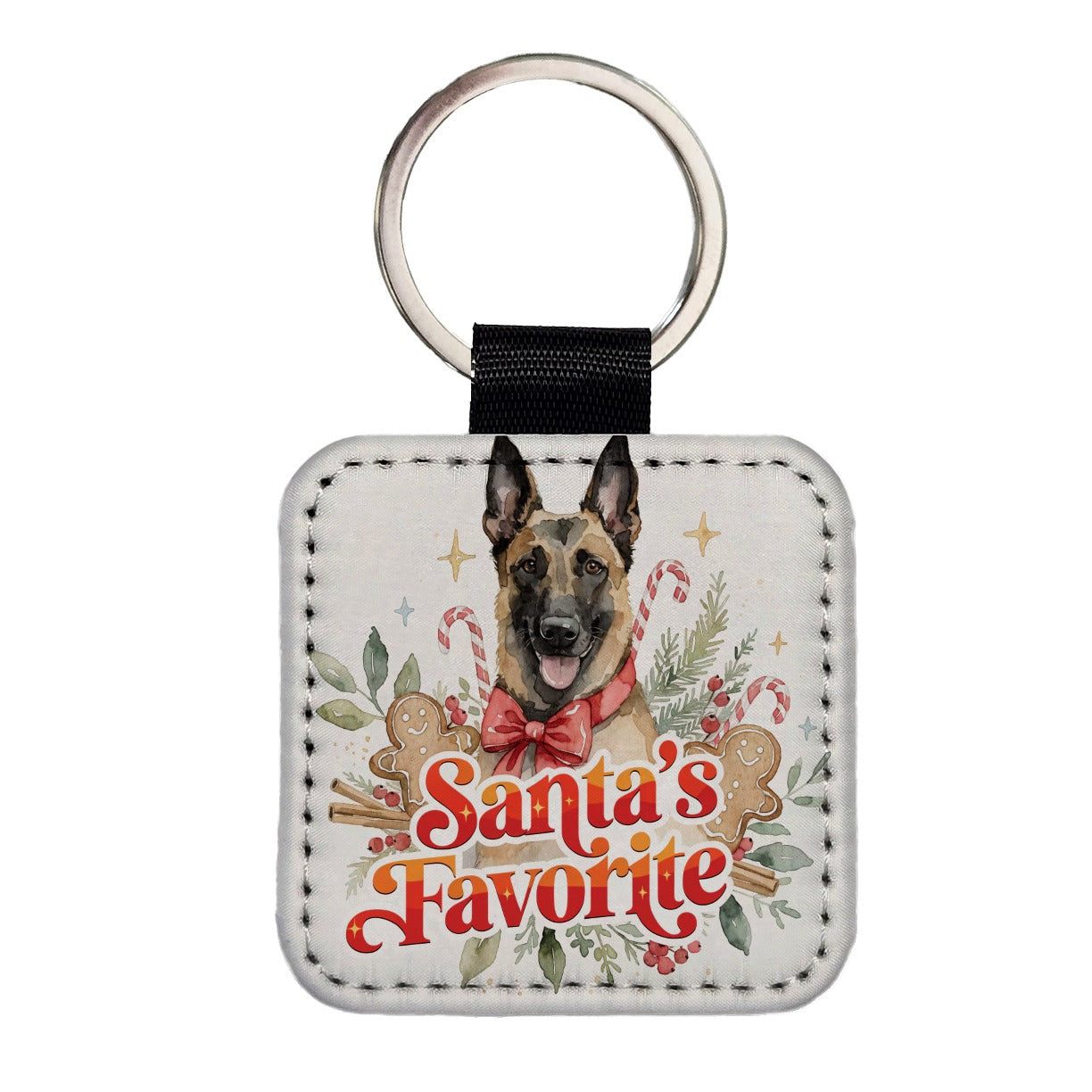 Belgian Malinois Dog Christmas Santa's Favorite Square Faux Leather Keychain