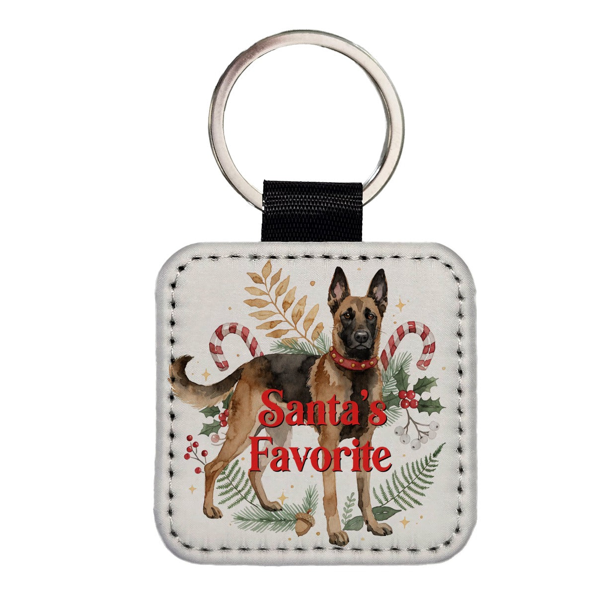Belgian Malinois Dog Standing Christmas Santa's Favorite Square Faux Leather Keychain