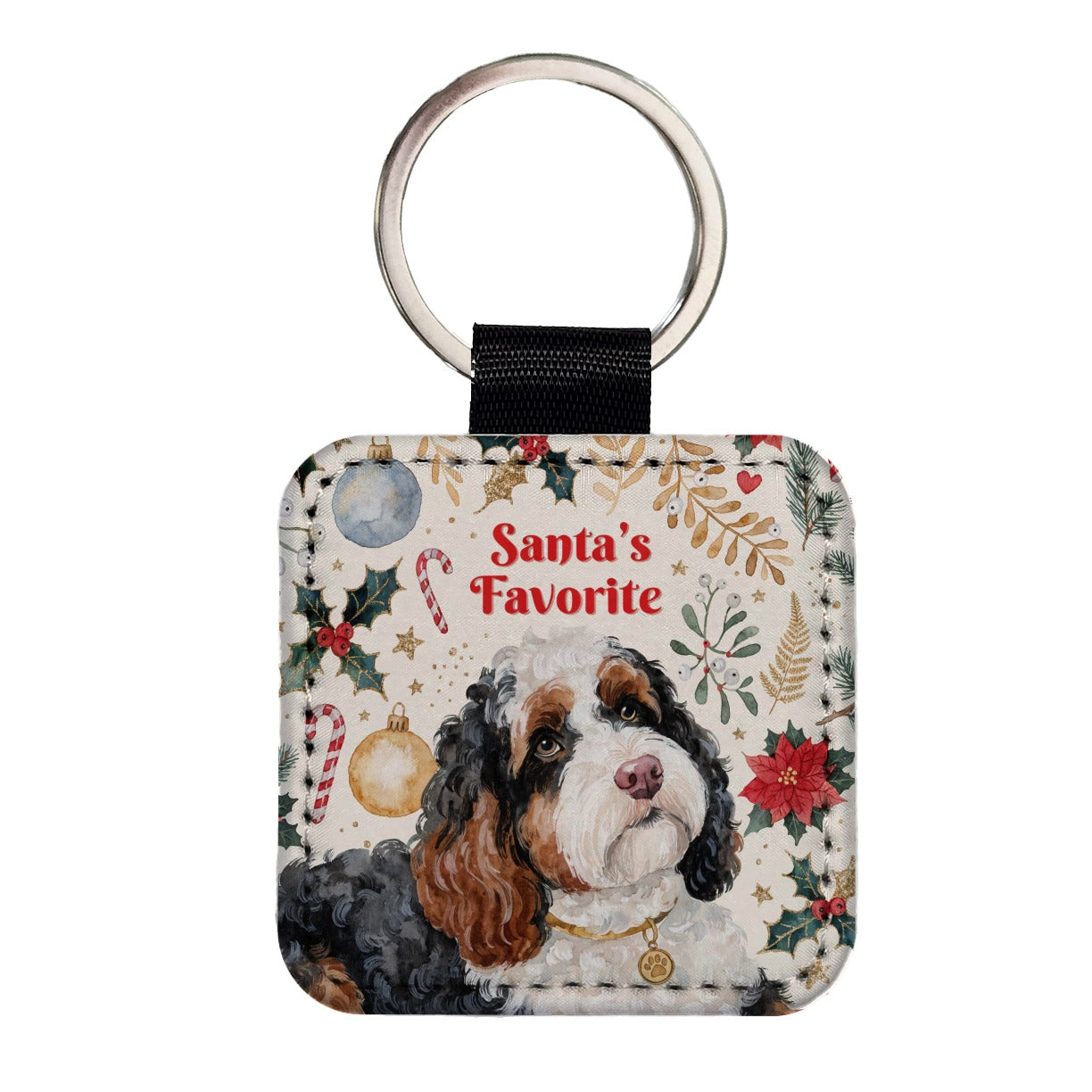 Bernedoodle Dog Christmas Santa's Favorite Square Faux Leather Keychain