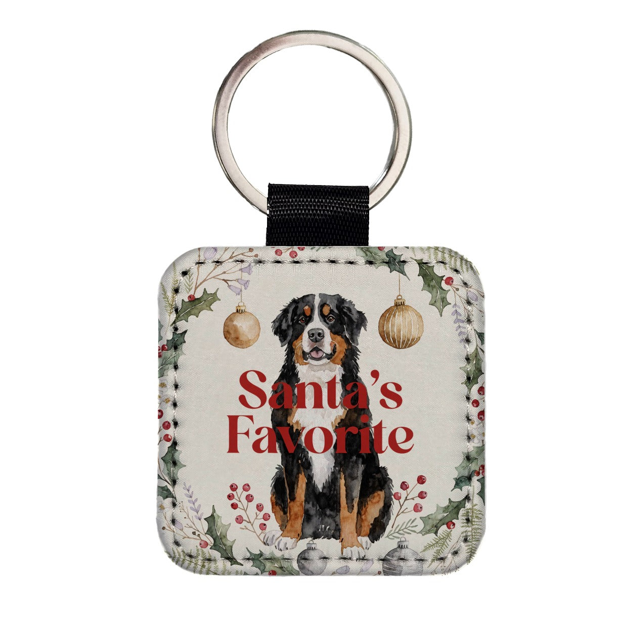 Bernese Mountain Dog Christmas Santa's Favorite Square Faux Leather Keychain