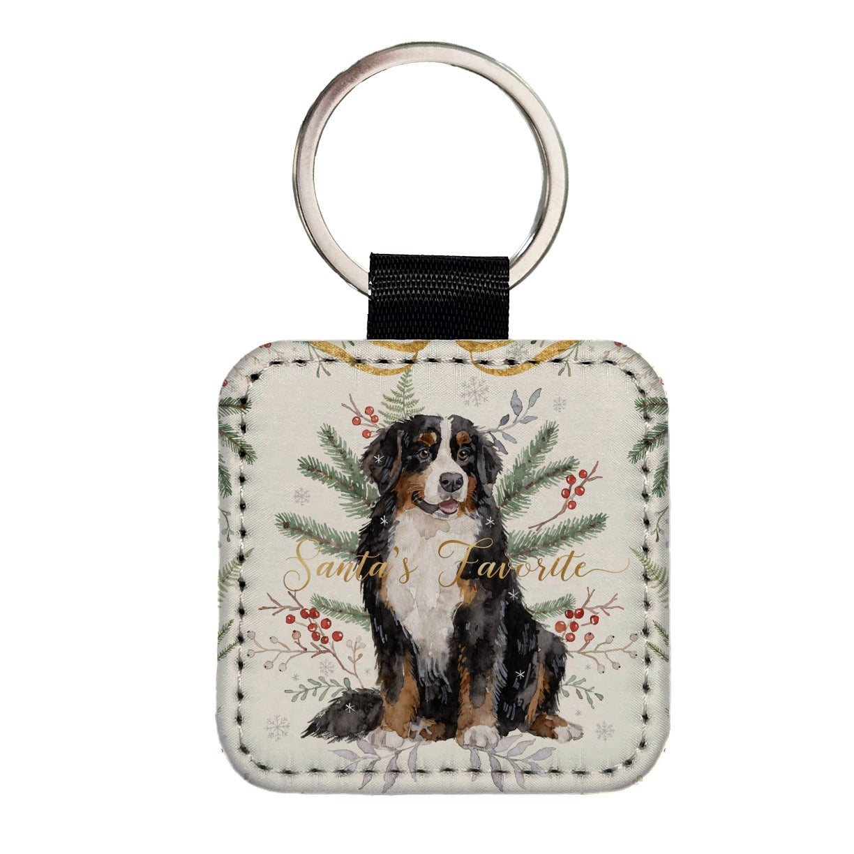 Bernese Mountain Dog Sitting Christmas Santa's Favorite Square Faux Leather Keychain