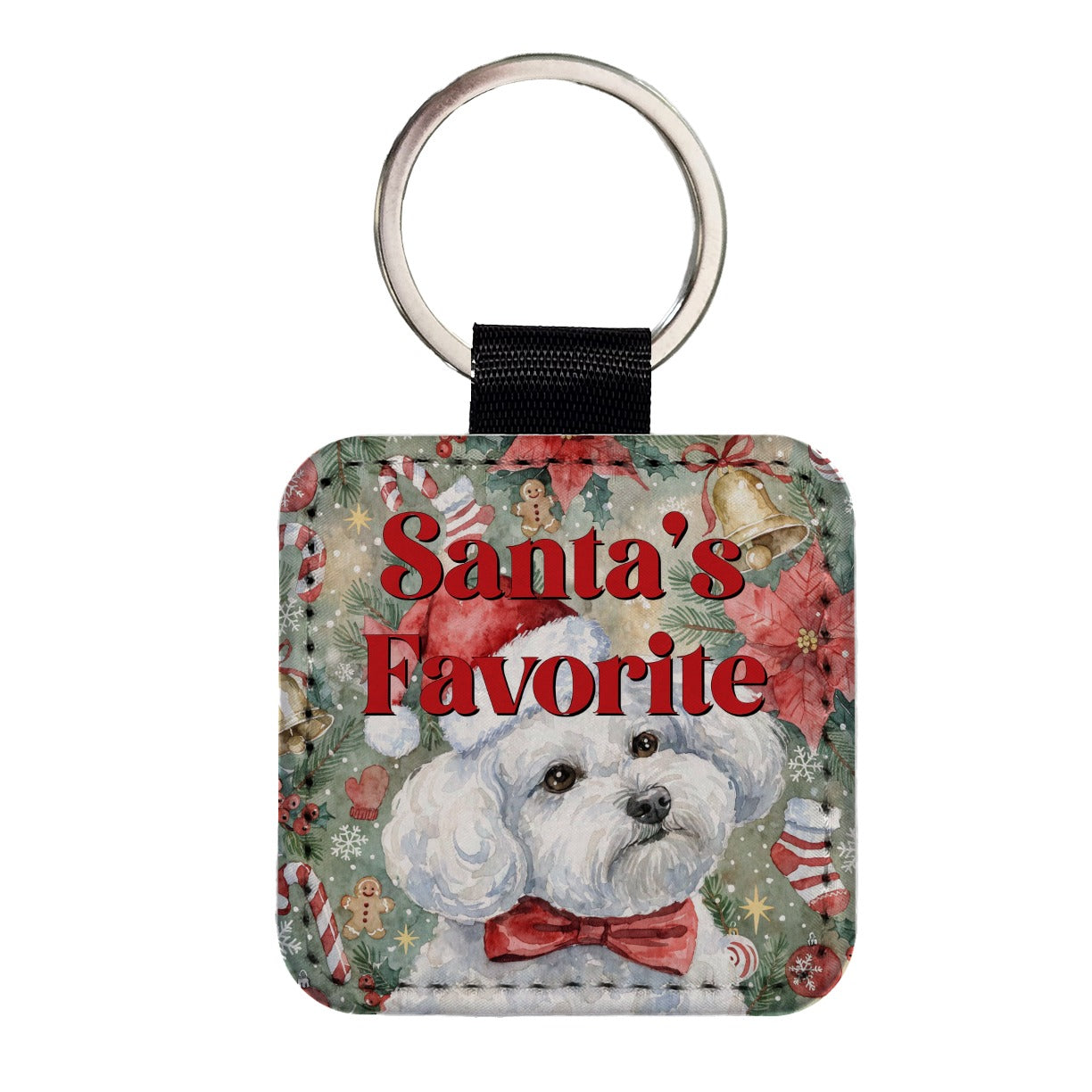 Bichon Frise Dog Christmas Santa's Favorite Square Faux Leather Keychain