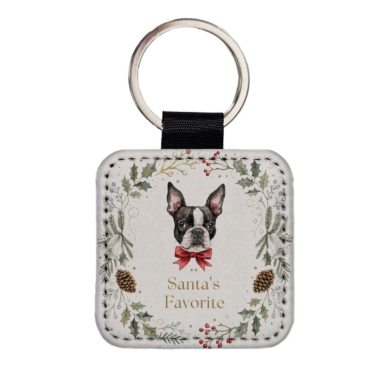 Boston Terrier Dog Christmas Santa's Favorite Square Faux Leather Keychain
