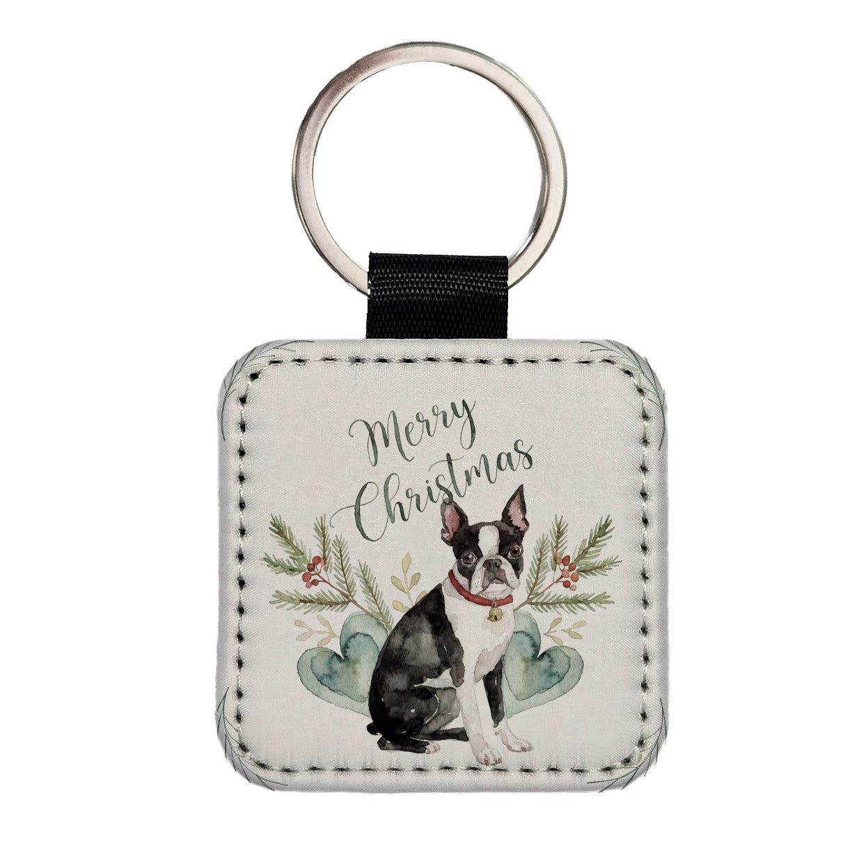 Boston Terrier Dog Merry Christmas Square Faux Leather Keychain