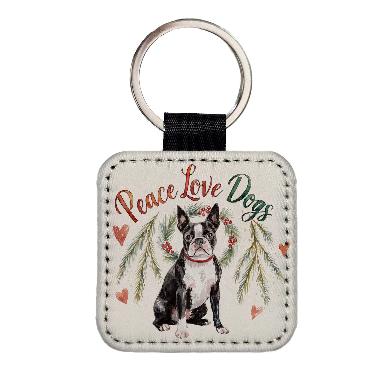 Boston Terrier Peace Love Dogs Christmas Square Faux Leather Keychain