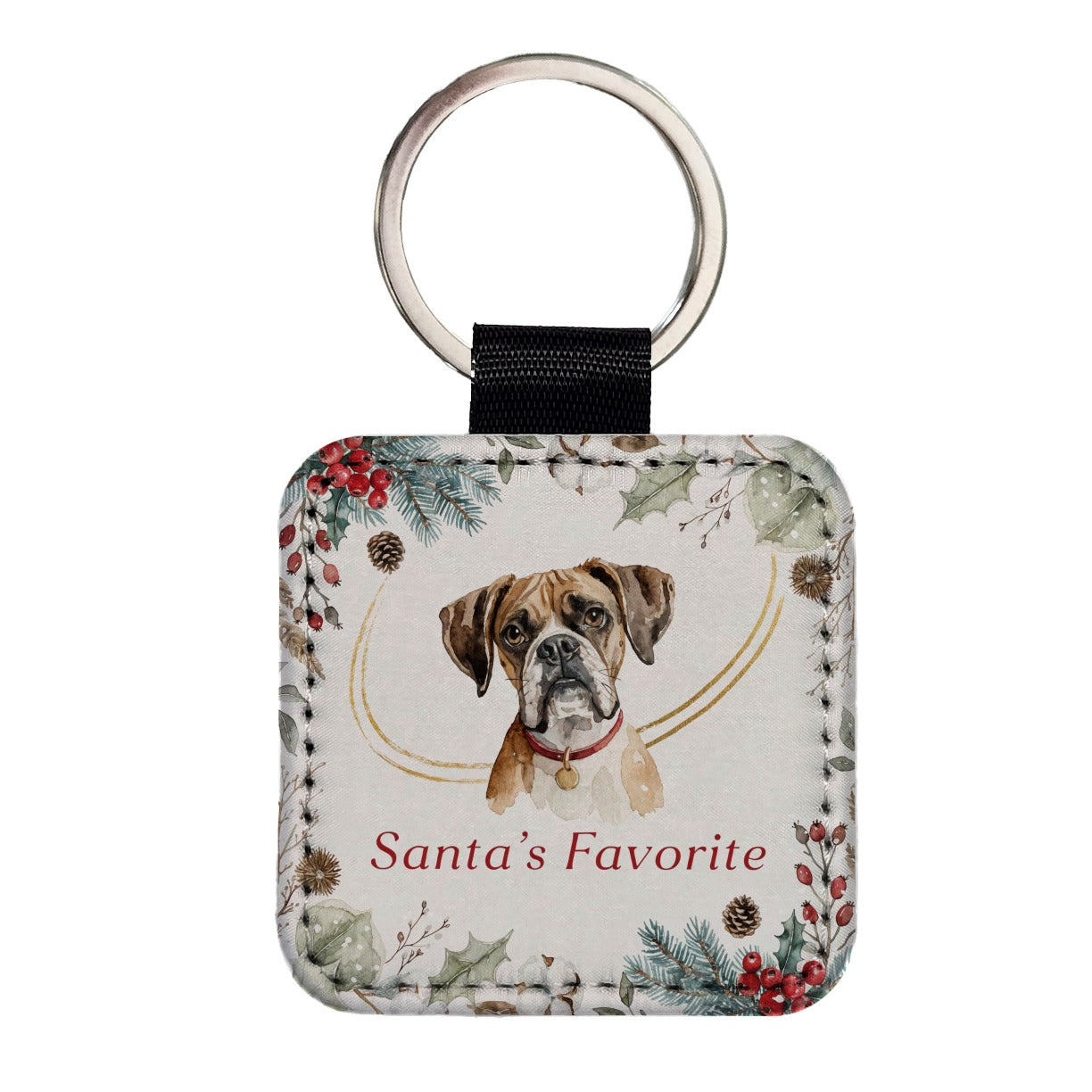 Boxer Dog Christmas Santa's Favorite Square Faux Leather Keychain