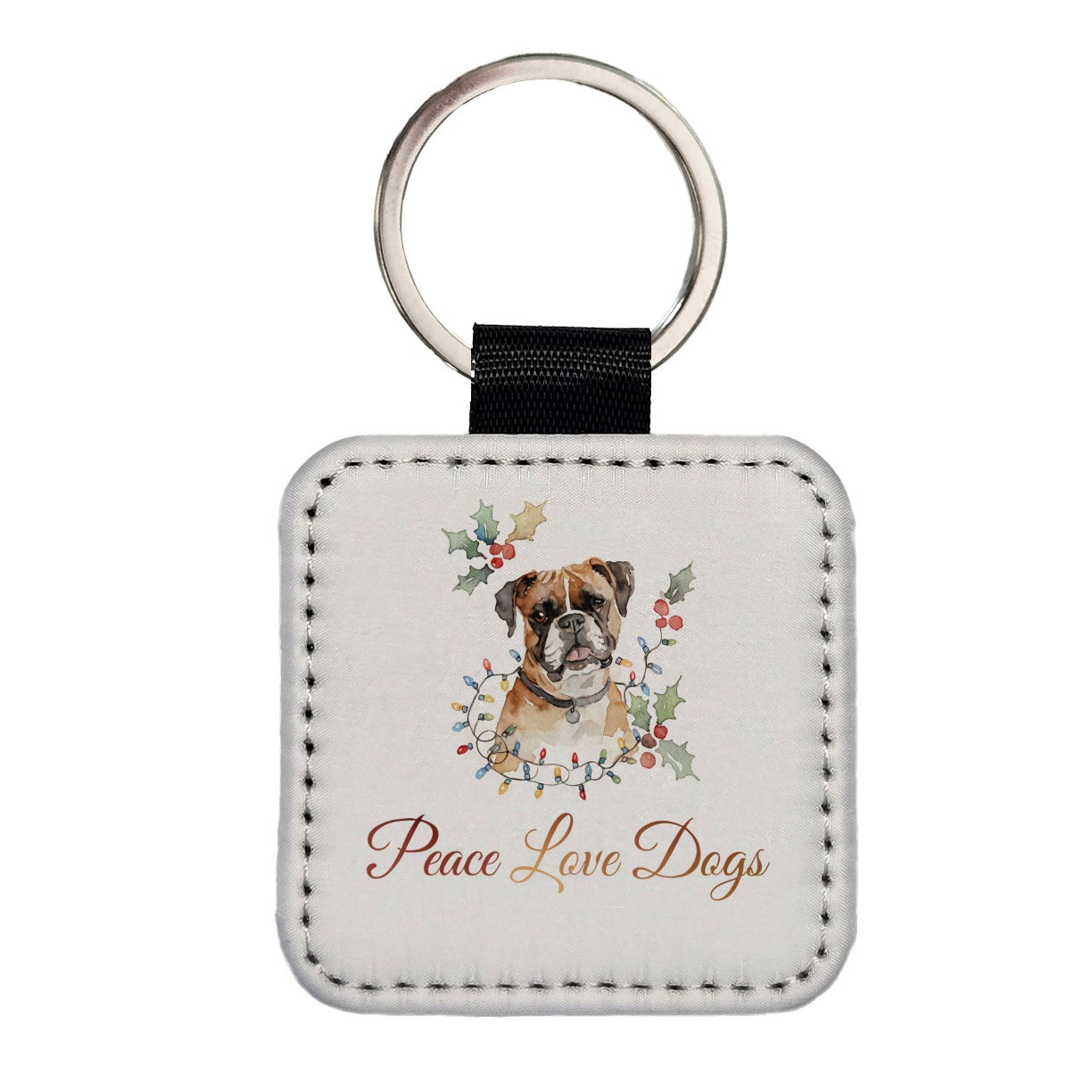 Boxer Peace Love Dogs Christsmas Square Faux Leather Keychain