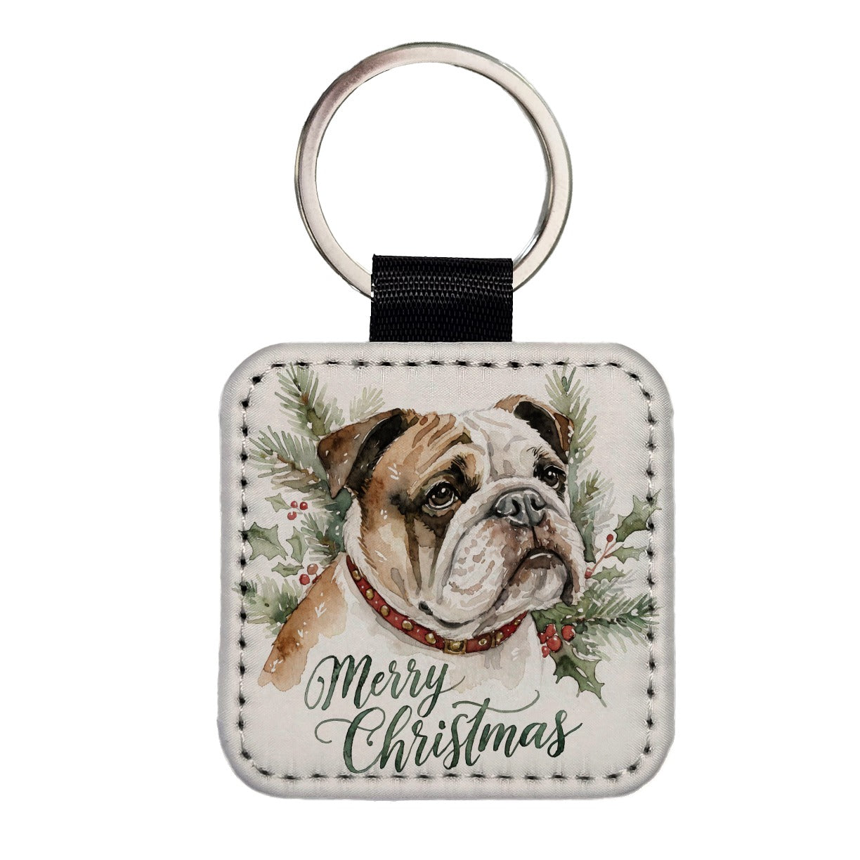 Bulldog Merry Christmas Watercolor Square Faux Leather Keychain