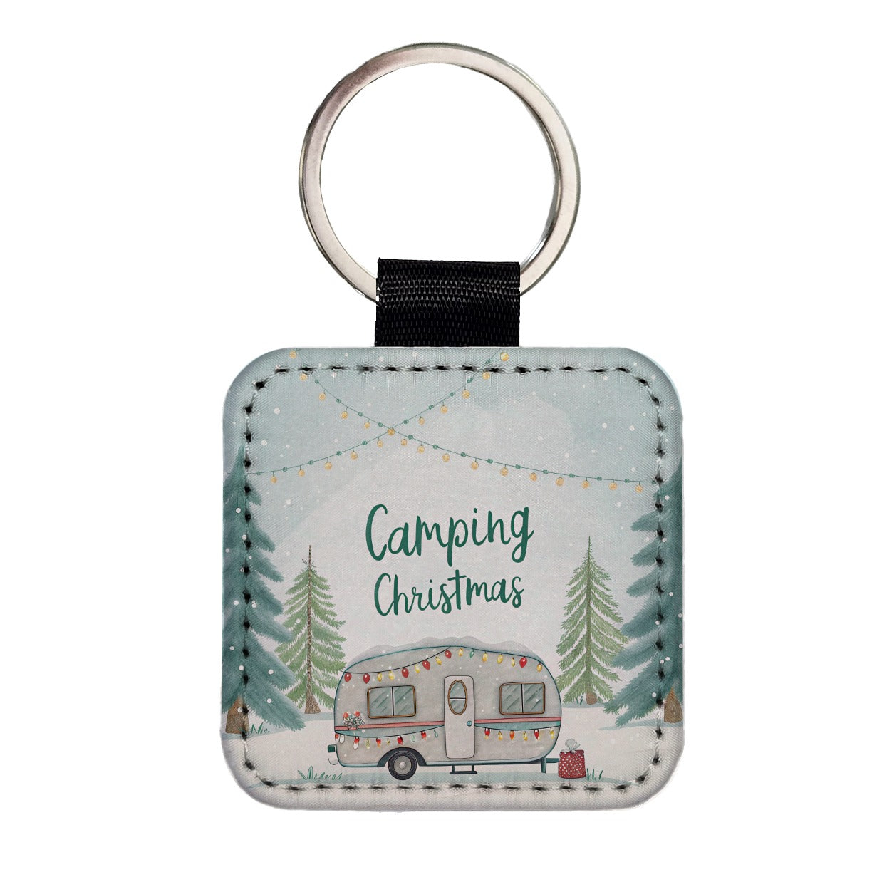 Camping Camper Christmas Square Faux Leather Keychain