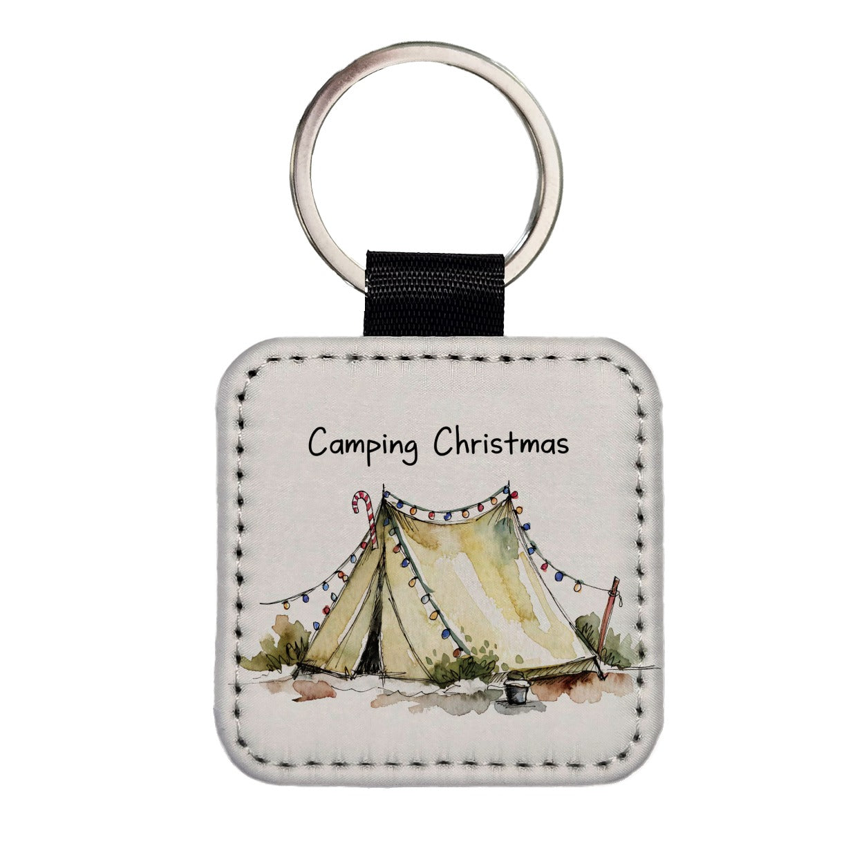 Camping Christmas Tent Simple Square Faux Leather Keychain