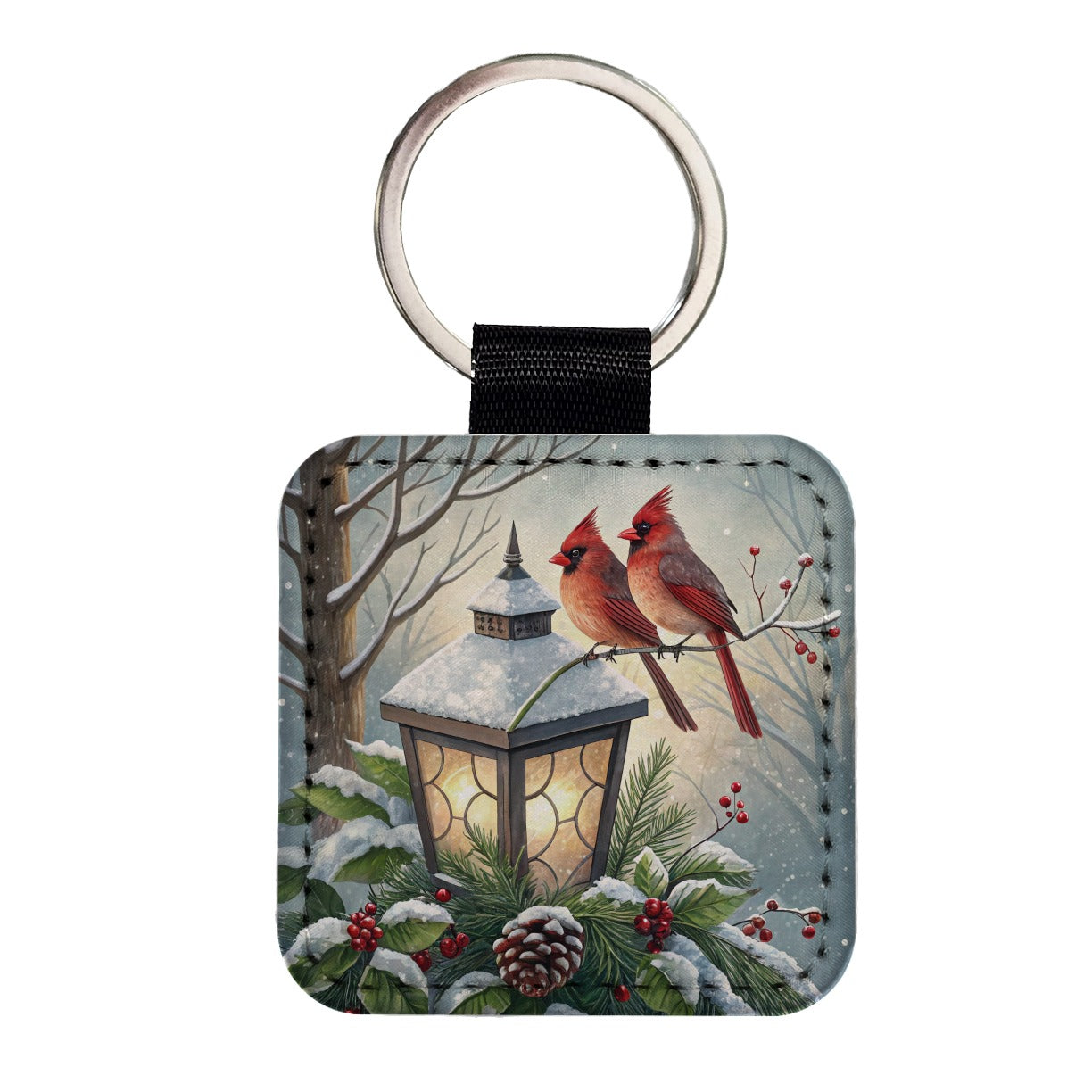 Cardinal Birds Lantern Christmas Square Faux Leather Keychain