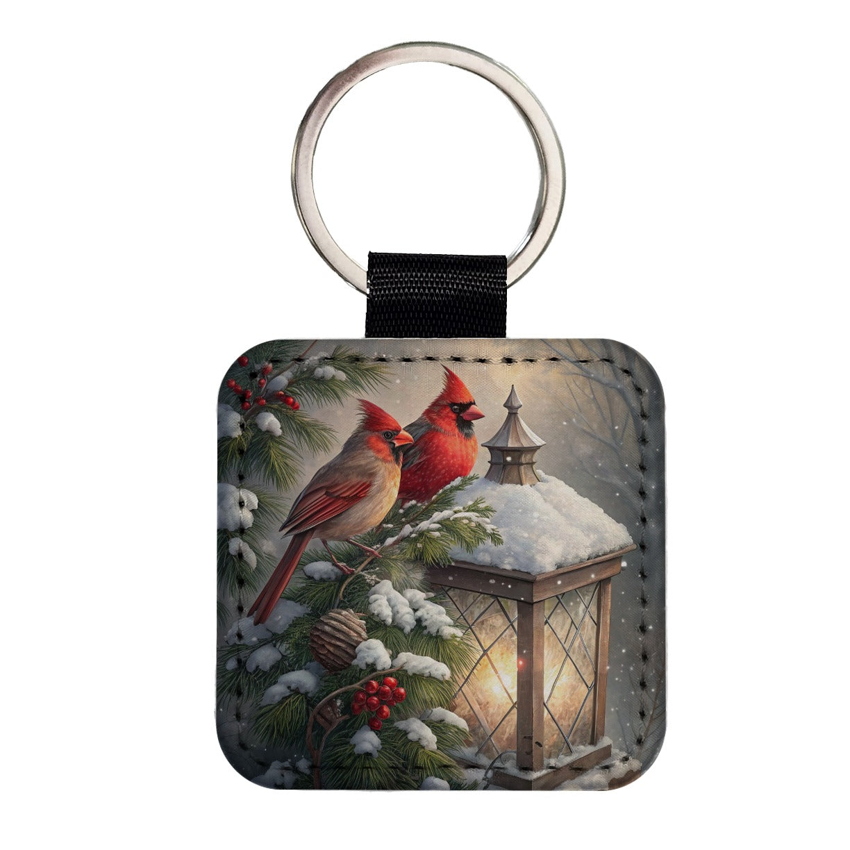 Cardinal Birds Snow Lantern Christmas Square Faux Leather Keychain