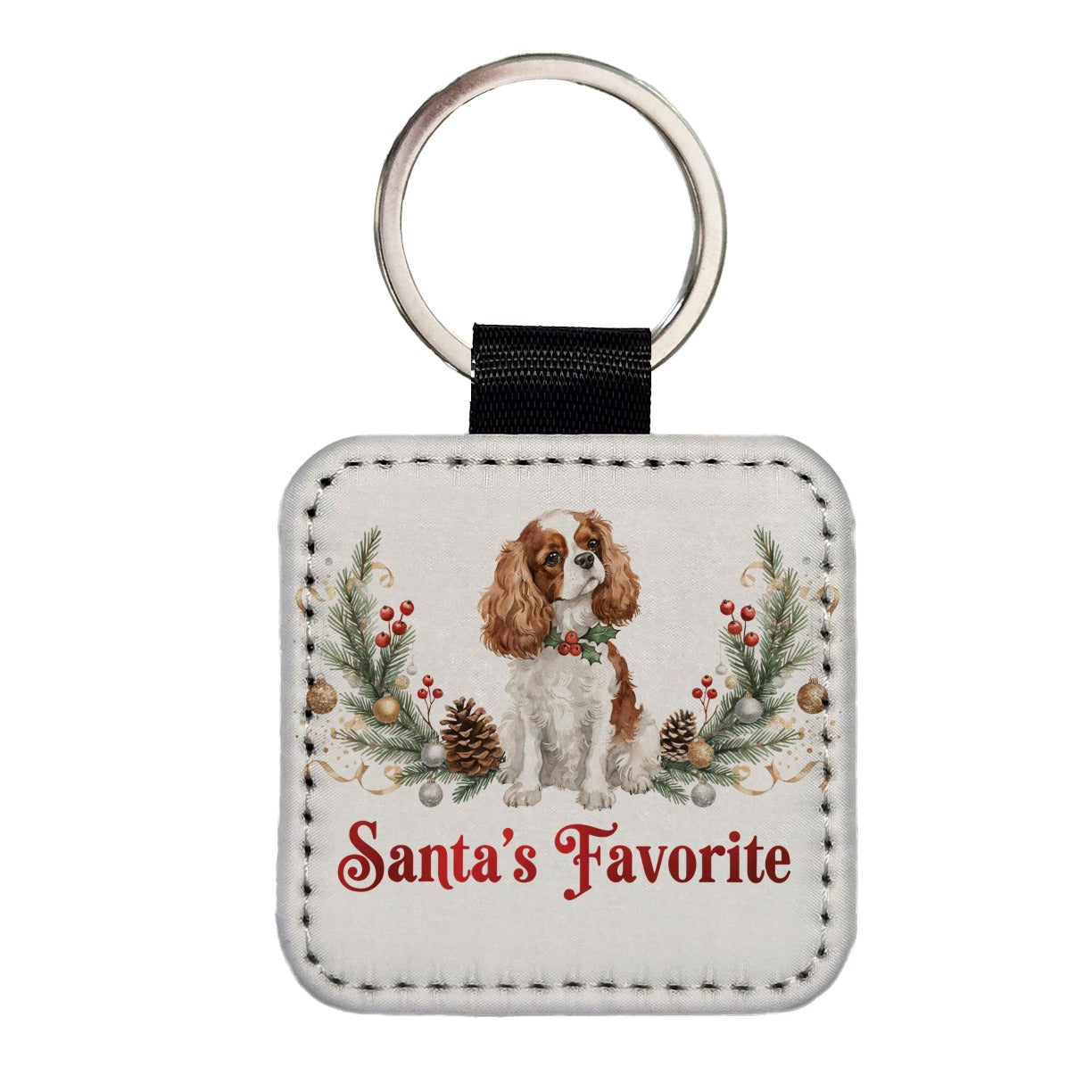 Cavalier King Charles Spaniel Dog Christmas Santa's Favorite Square Faux Leather Keychain