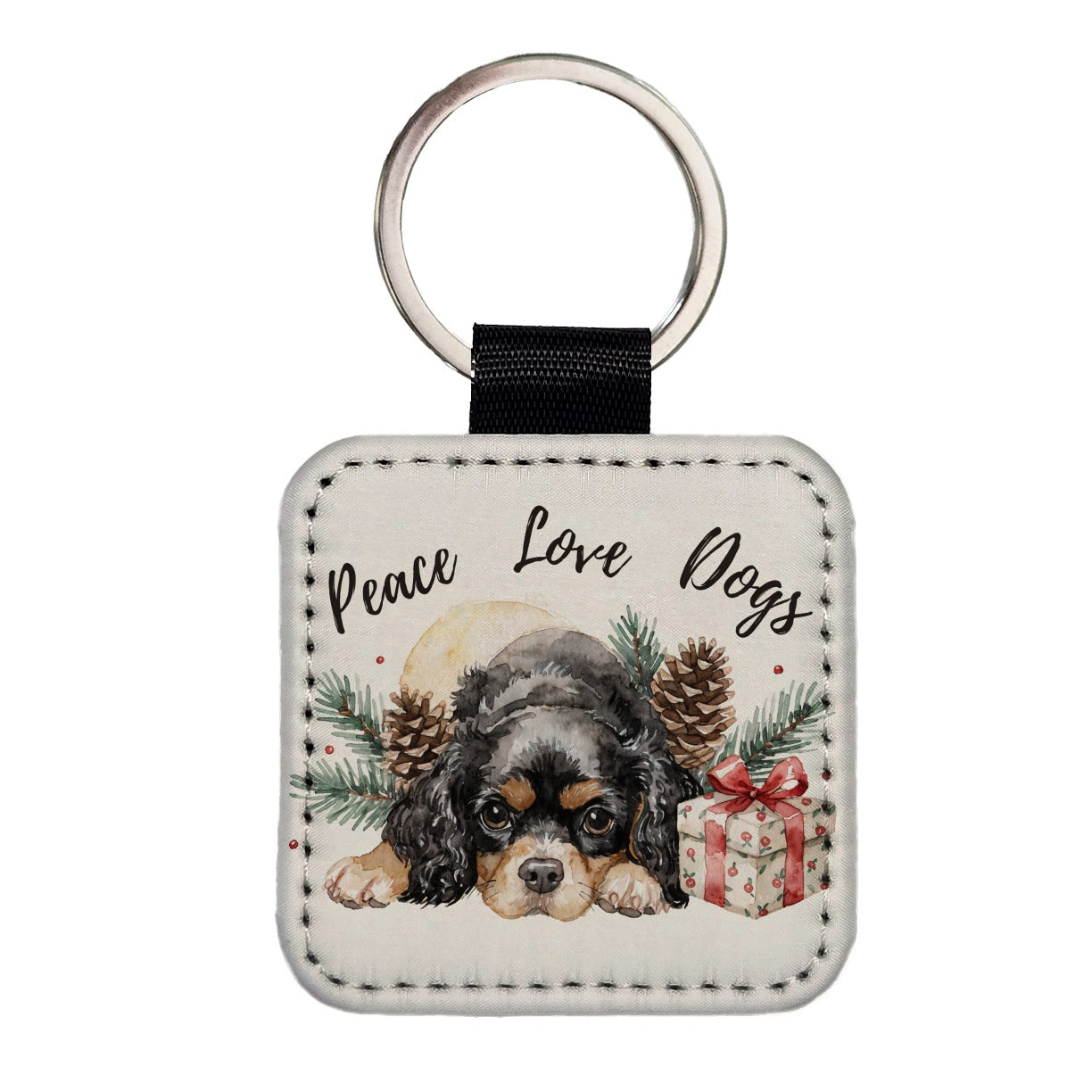 Cavalier King Charles Spaniel Peace Love Dogs Square Faux Leather Keychain