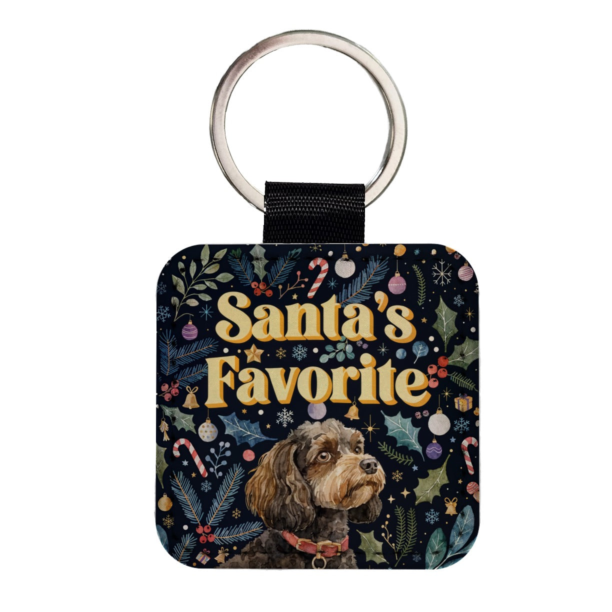 Cavapoo Dog Christmas Santa's Favorite Square Faux Leather Keychain