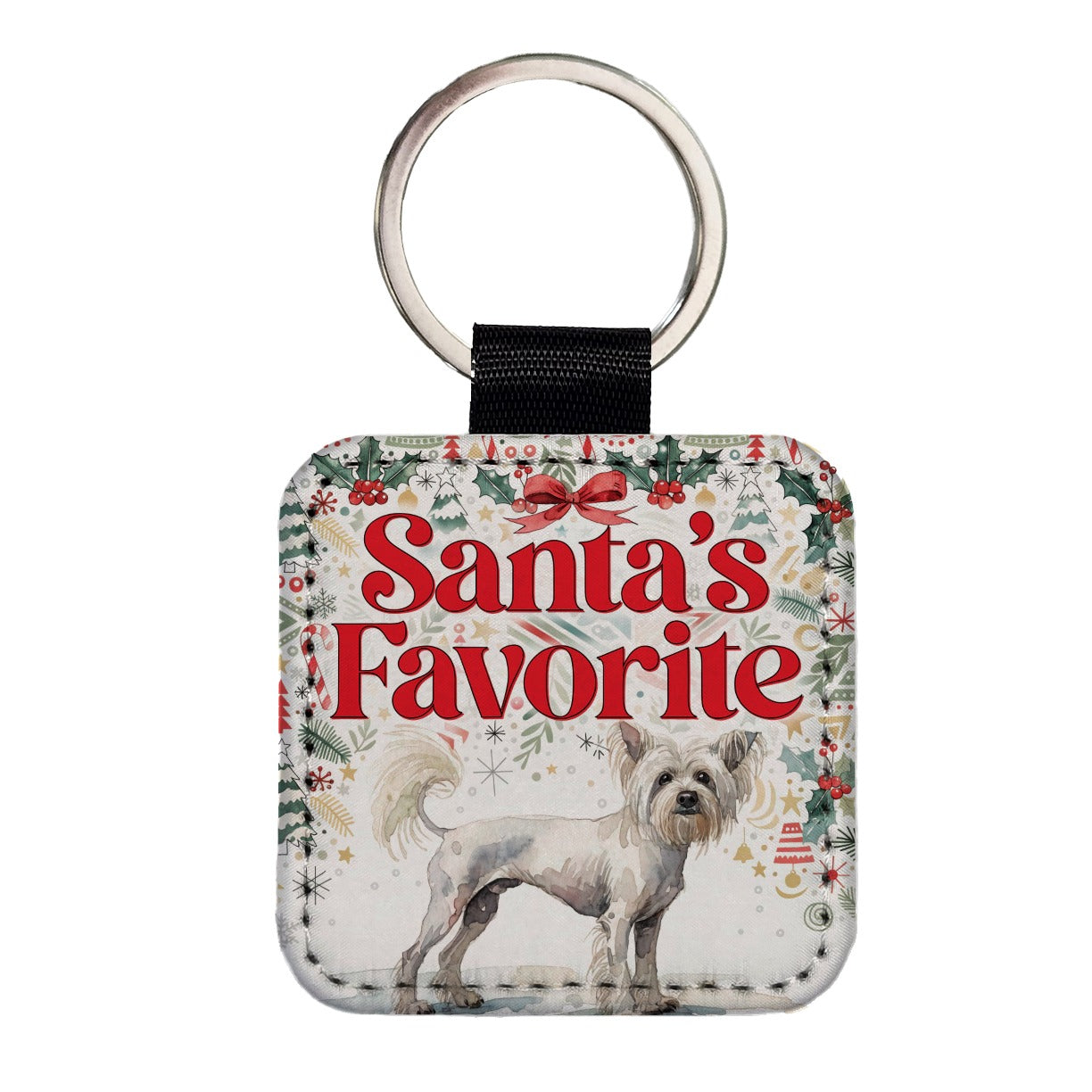 Chinese Crested Dog Christmas Santa's Favorite Square Faux Leather Keychain
