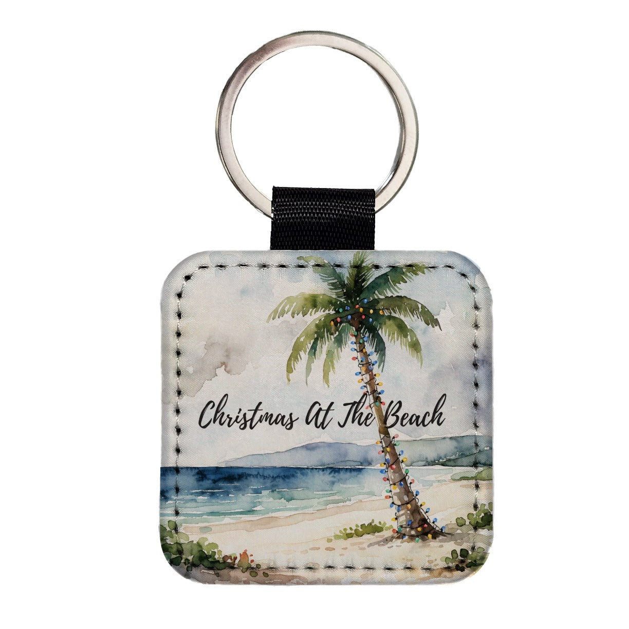 Christmas At The Beach Palm Tree Square Faux Leather Keychain