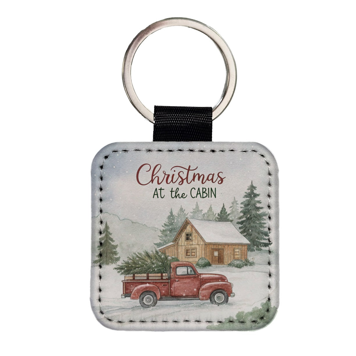 Christmas At The Cabin Red Truck Square Faux Leather Keychain
