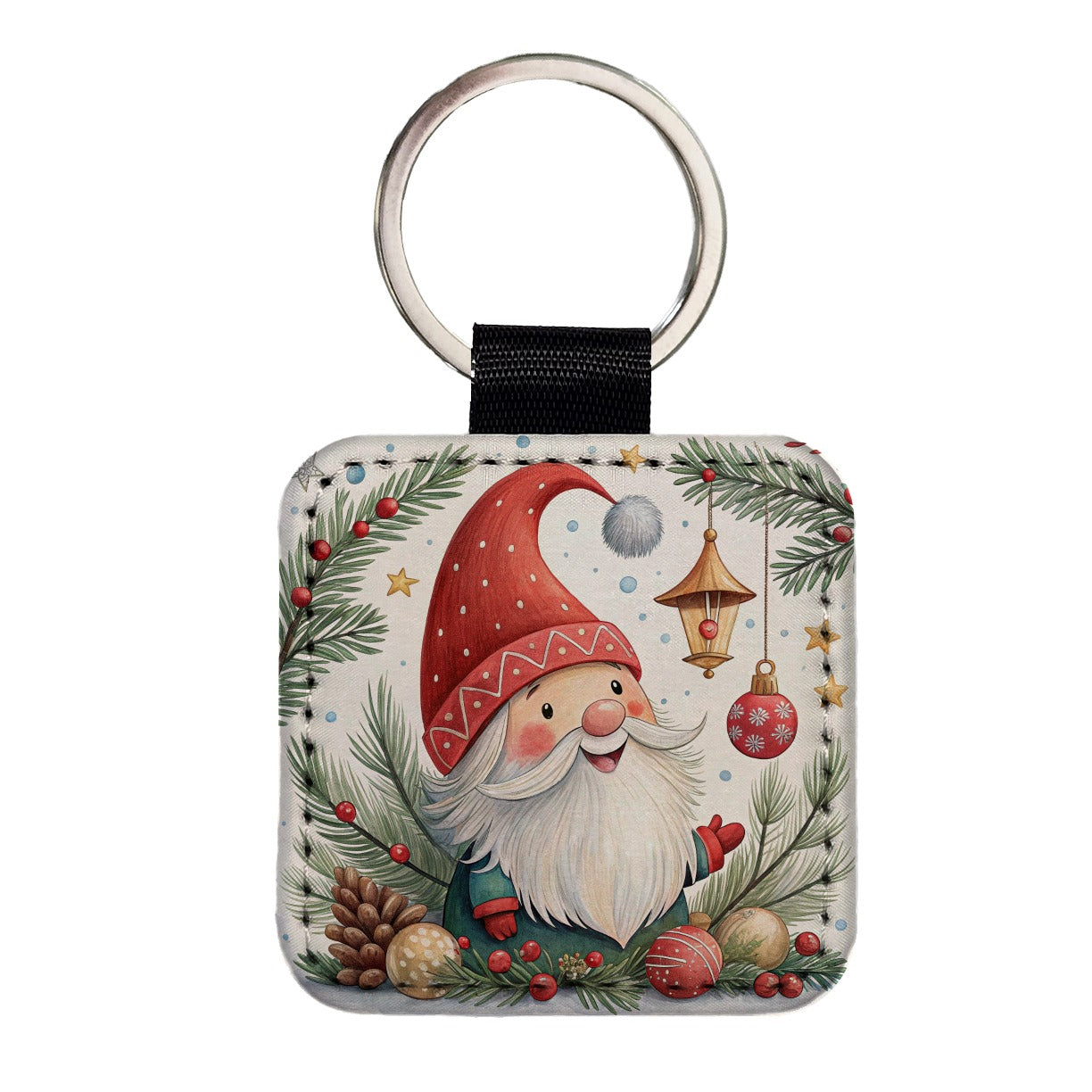 Christmas Gnome Happy Square Faux Leather Keychain