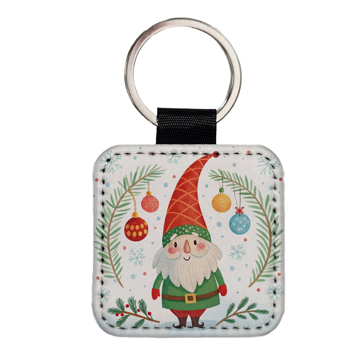 Christmas Gnome Red Green Square Faux Leather Keychain