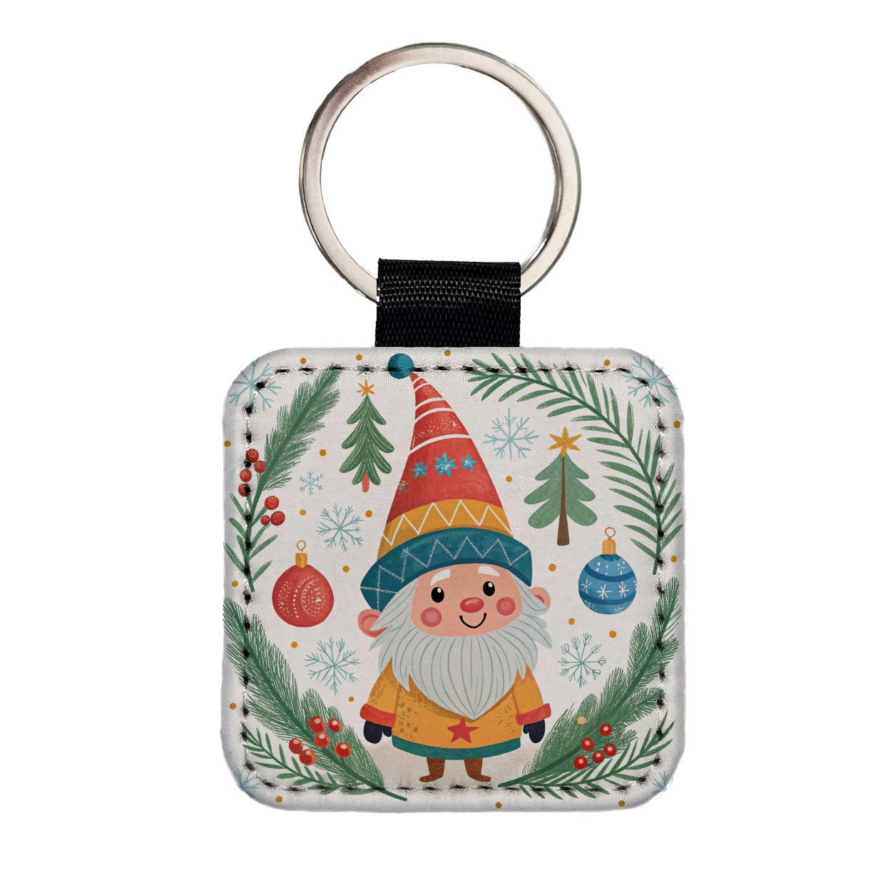 Christmas Gnome Smiling Square Faux Leather Keychain