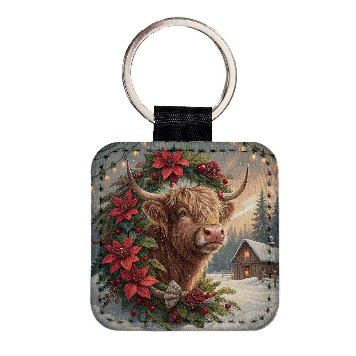 Christmas Highland Cow Barn Square Faux Leather Keychain