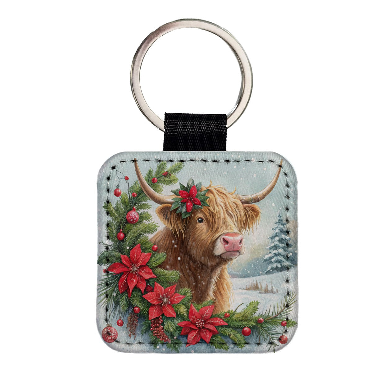 Christmas Highland Cow Square Faux Leather Keychain