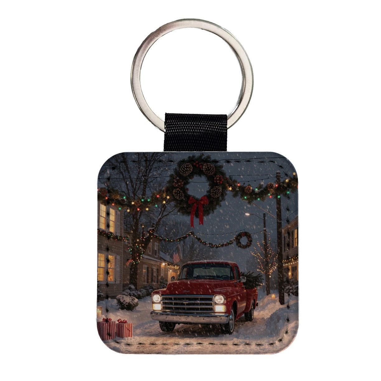 Christmas Red Truck Snow Square Faux Leather Keychain