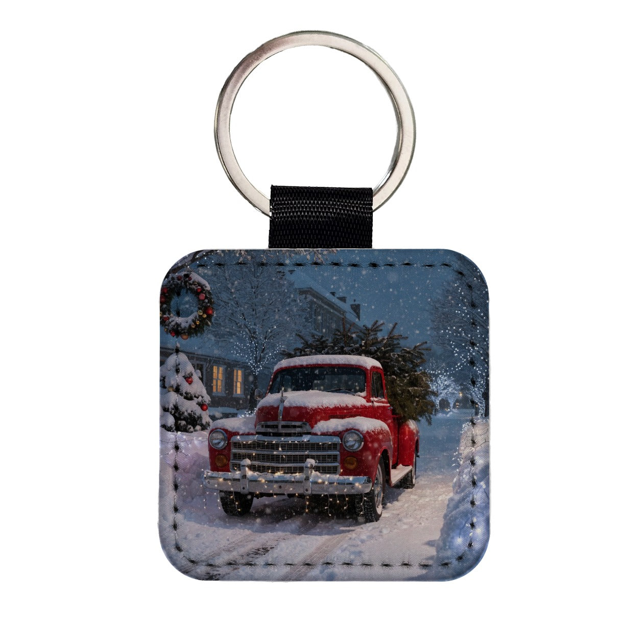 Christmas Tree In Red Truck Square Faux Leather Keychain