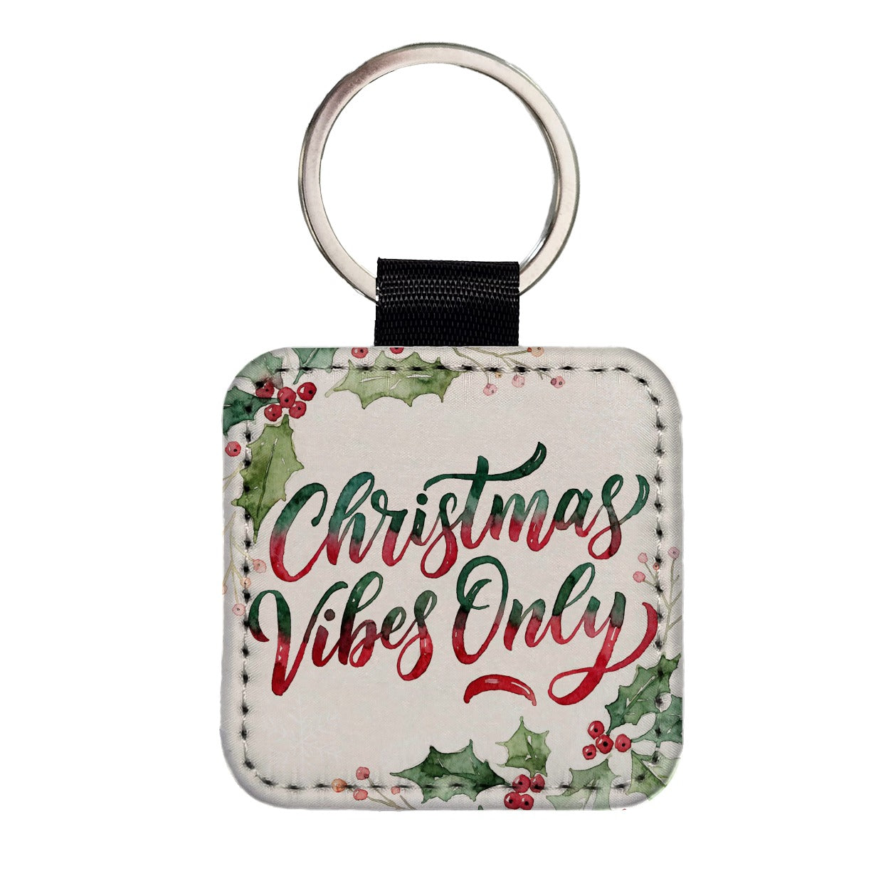Christmas Vibes Only Script Square Faux Leather Keychain