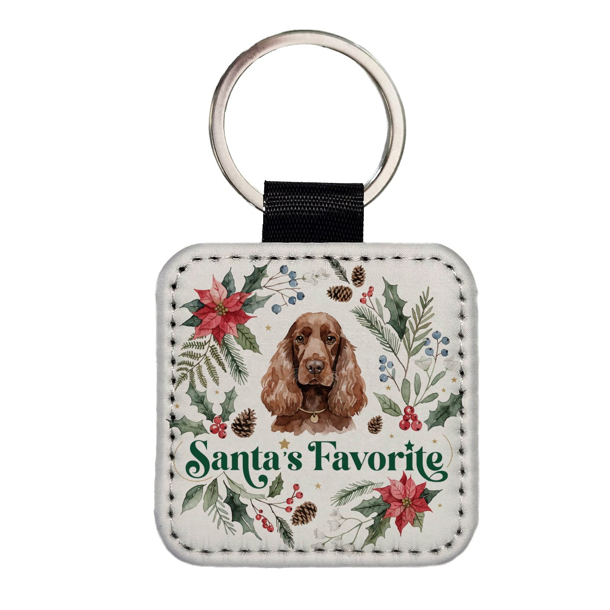 Cocker Spaniel Dog Christmas Santa's Favorite Square Faux Leather Keychain