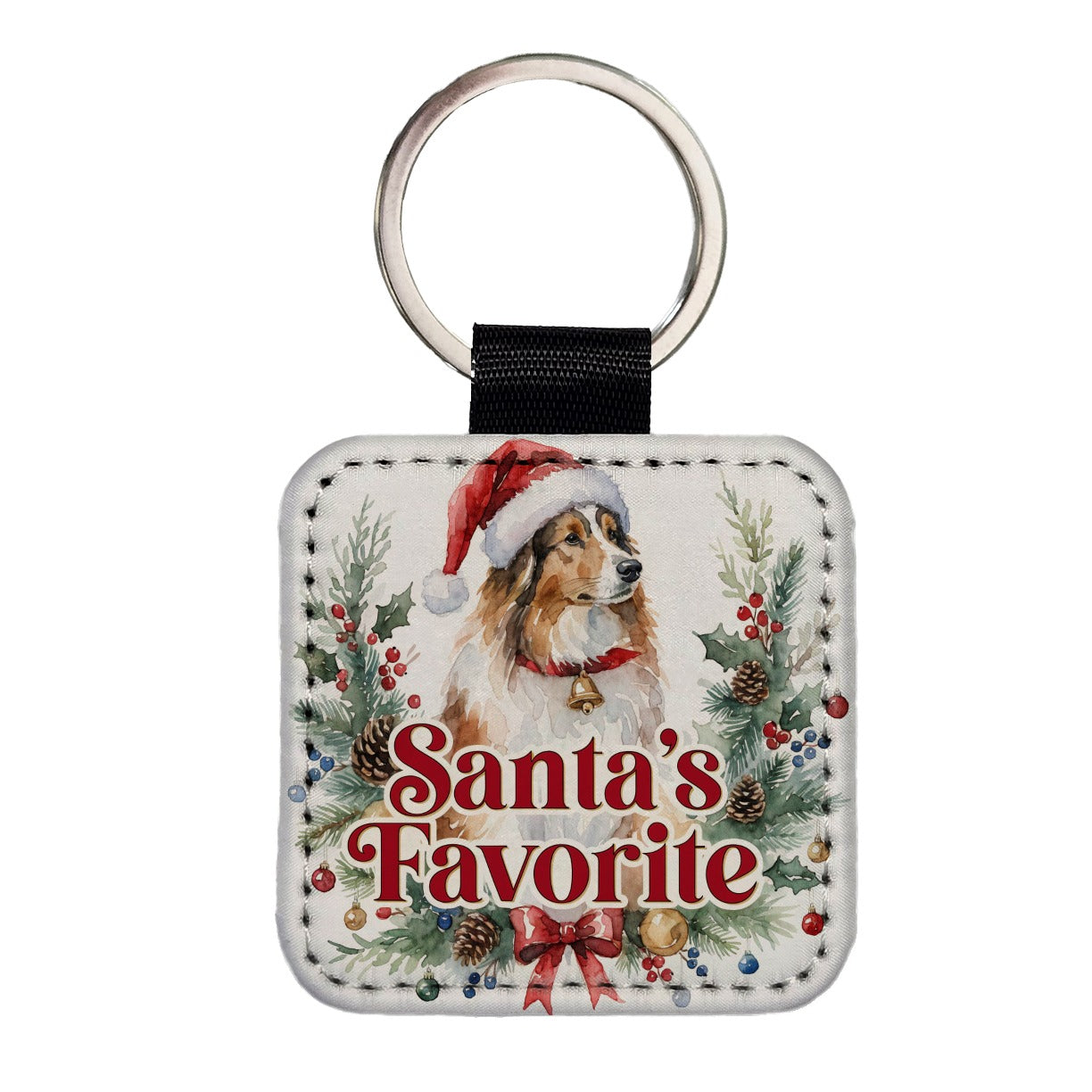 Collie Dog Christmas Santa's Favorite Square Faux Leather Keychain