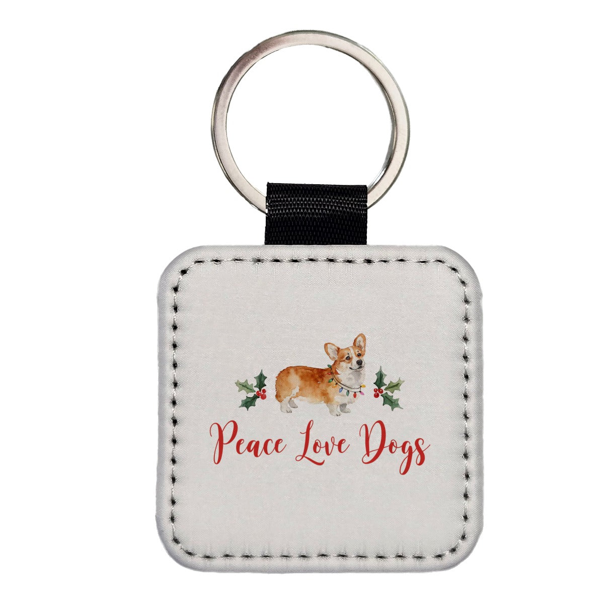 Corgi Christmas Peace Love Dogs Square Faux Leather Keychain