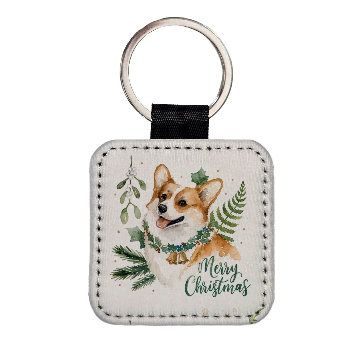 Corgi Dog Merry Christmas Square Faux Leather Keychain