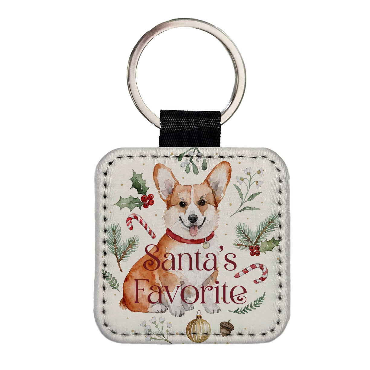 Corgi Sitting Dog Christmas Santa's Favorite Square Faux Leather Keychain