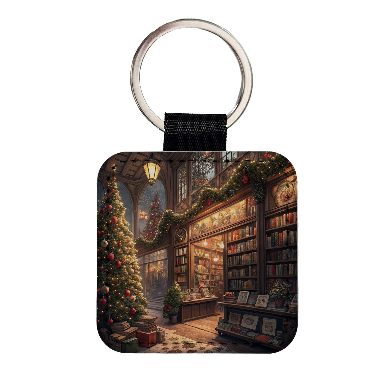 Cozy Christmas Bookstore Library Square Faux Leather Keychain