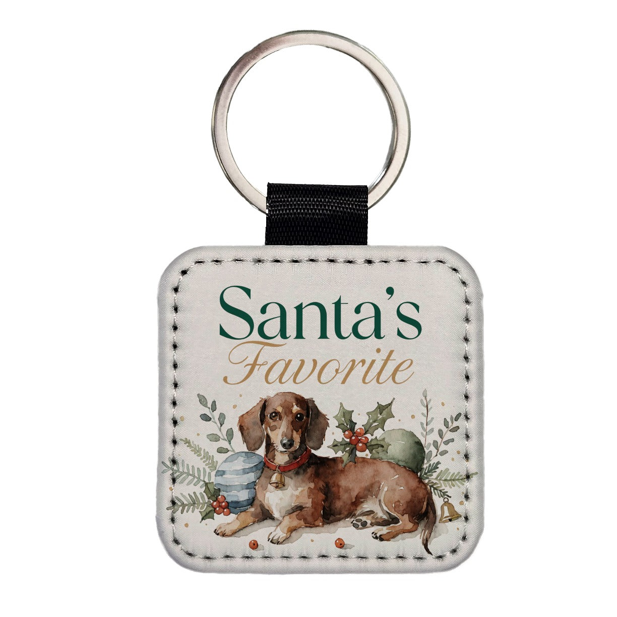 Dachshund Dog Christmas Santa's Favorite Square Faux Leather Keychain