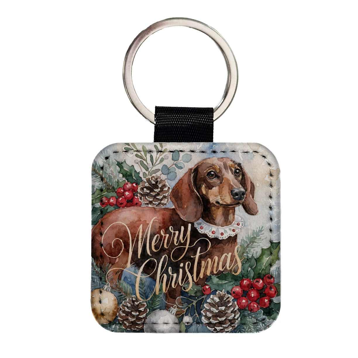 Dachshund Dog Merry Christmas Square Faux Leather Keychain