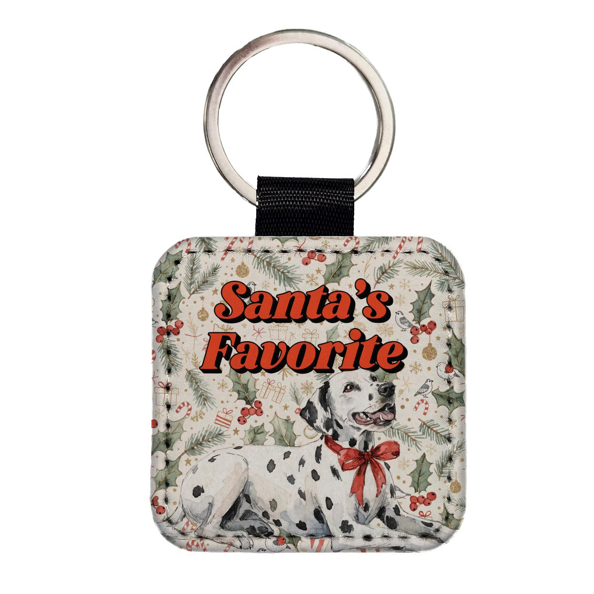 Dalmatian Dog Christmas Santa's Favorite Square Faux Leather Keychain
