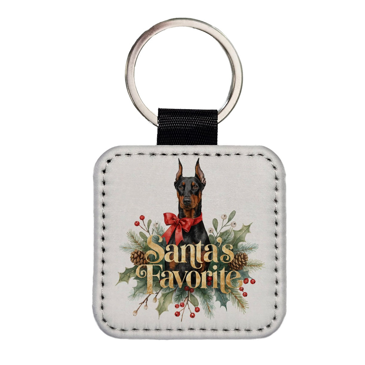 Doberman Dog Christmas Santa's Favorite Square Faux Leather Keychain