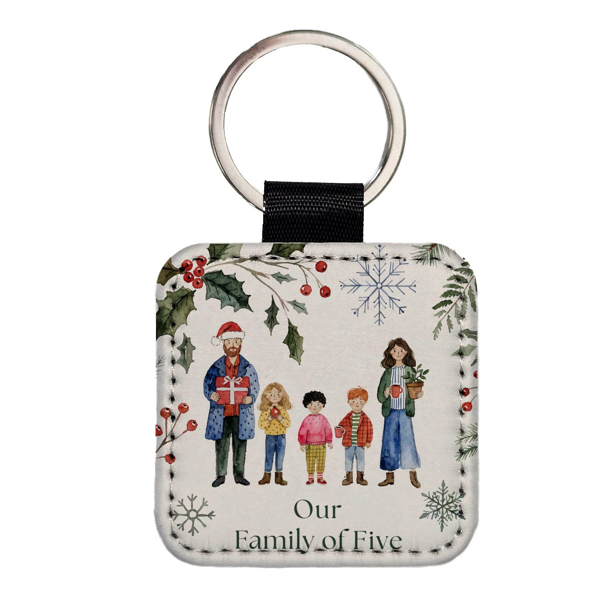 Family Of Five Christmas Square Faux Leather Keychain