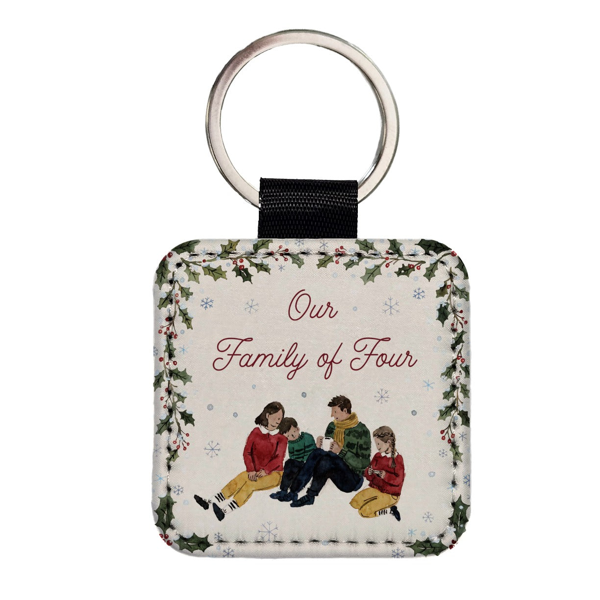 Family Of Four Christmas Square Faux Leather Keychain