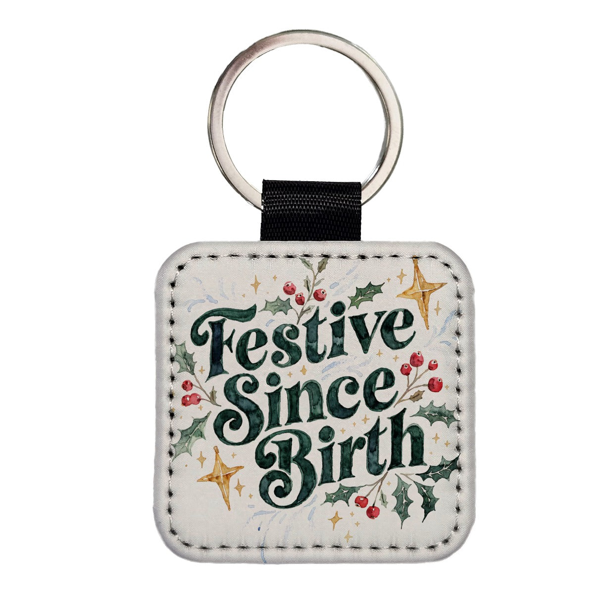 Festive Since Birth Christmas Script Square Faux Leather Keychain