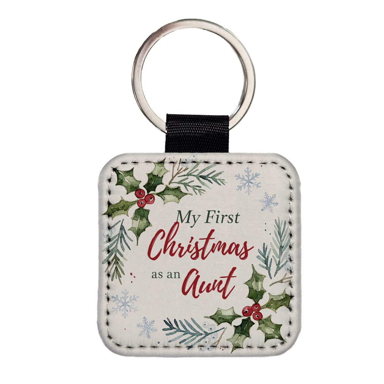 First Christmas As Aunt Script Square Faux Leather Keychain