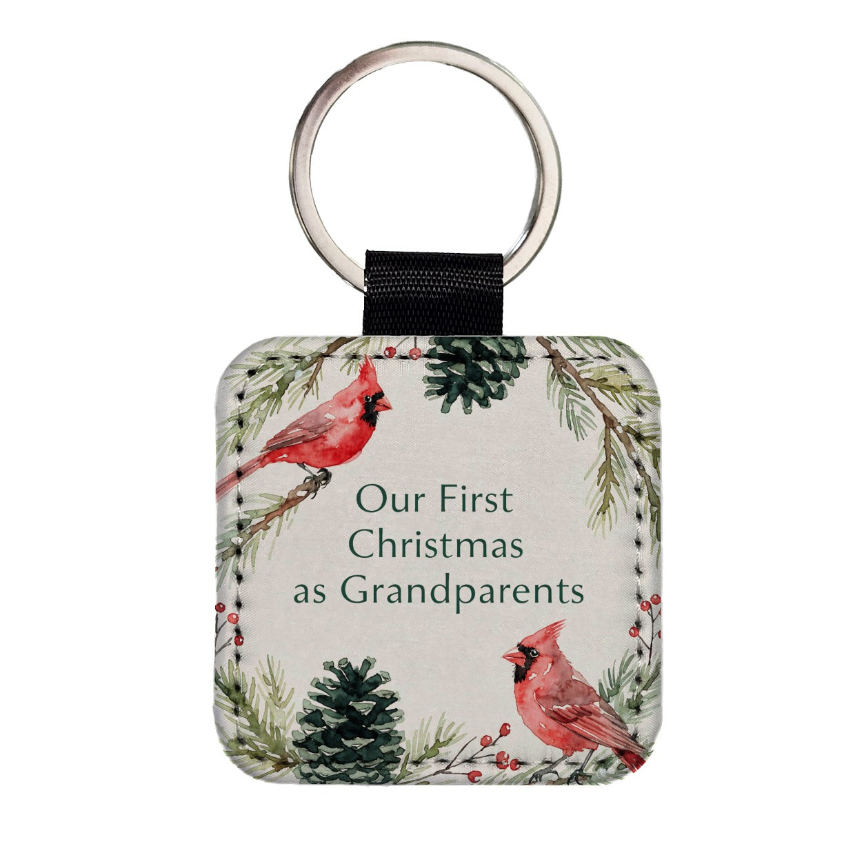 First Christmas As Grandparents Cardinal Birds Square Faux Leather Keychain