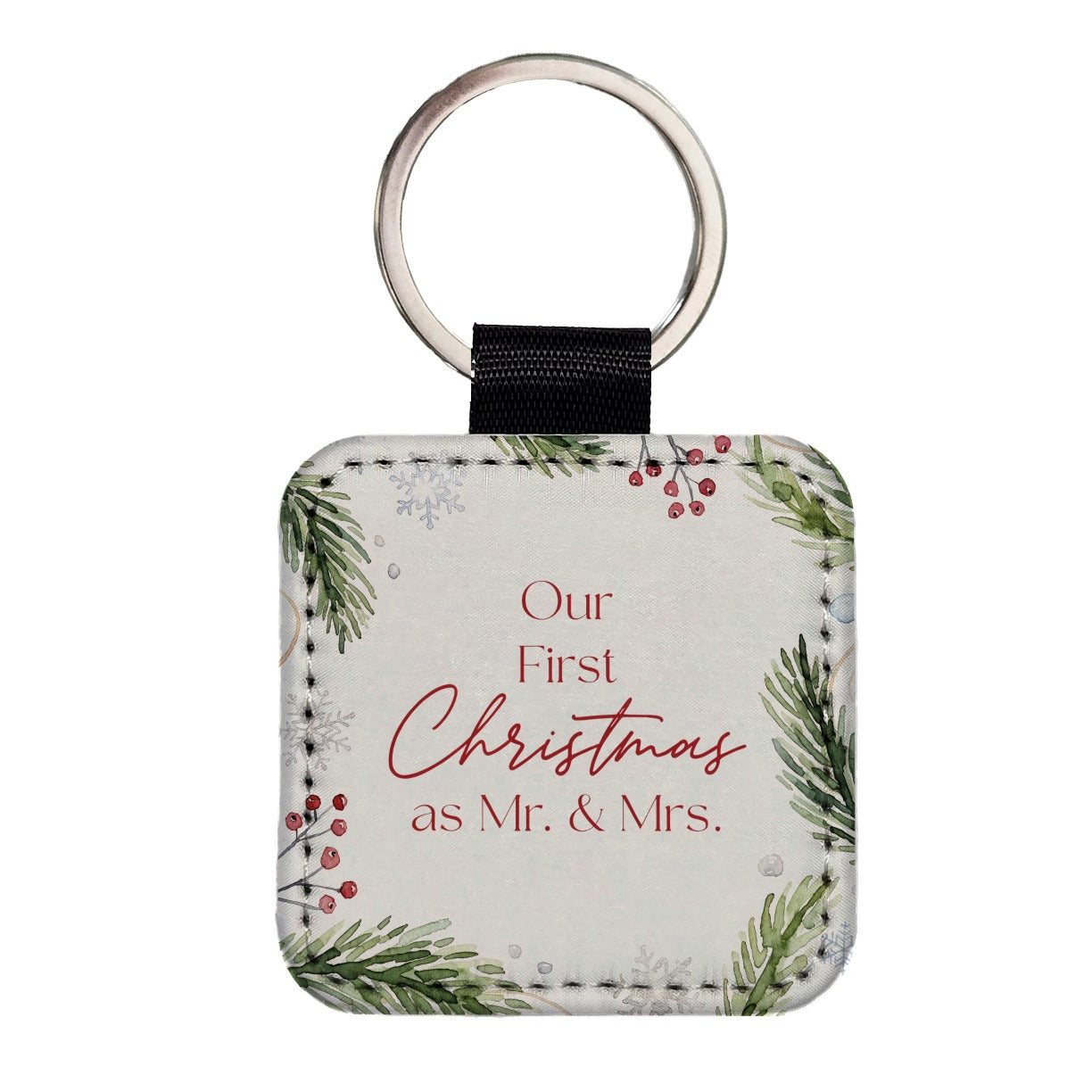 First Christmas As Mr Mrs Married Square Faux Leather Keychain