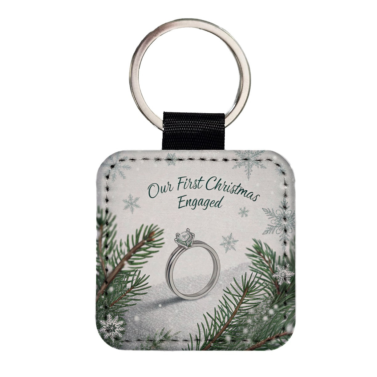 First Christmas Engaged Engagement Ring Square Faux Leather Keychain